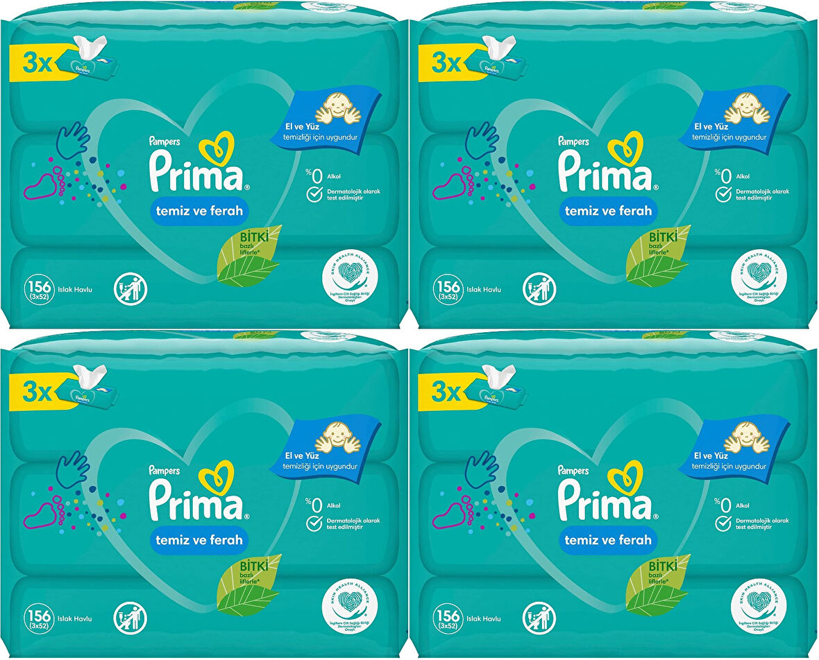 Prima Islak Havlu Mendil Temiz ve Ferah (Bitki Bazlı) 12 Li Set (4PK*3) 624 Yaprak