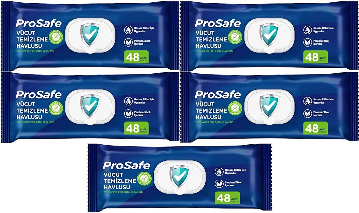 Prosafe Hasta Vücut Temizleme Islak Mendil Havlu 48 Yaprak XL (5 Li Set) Plastik Kapak