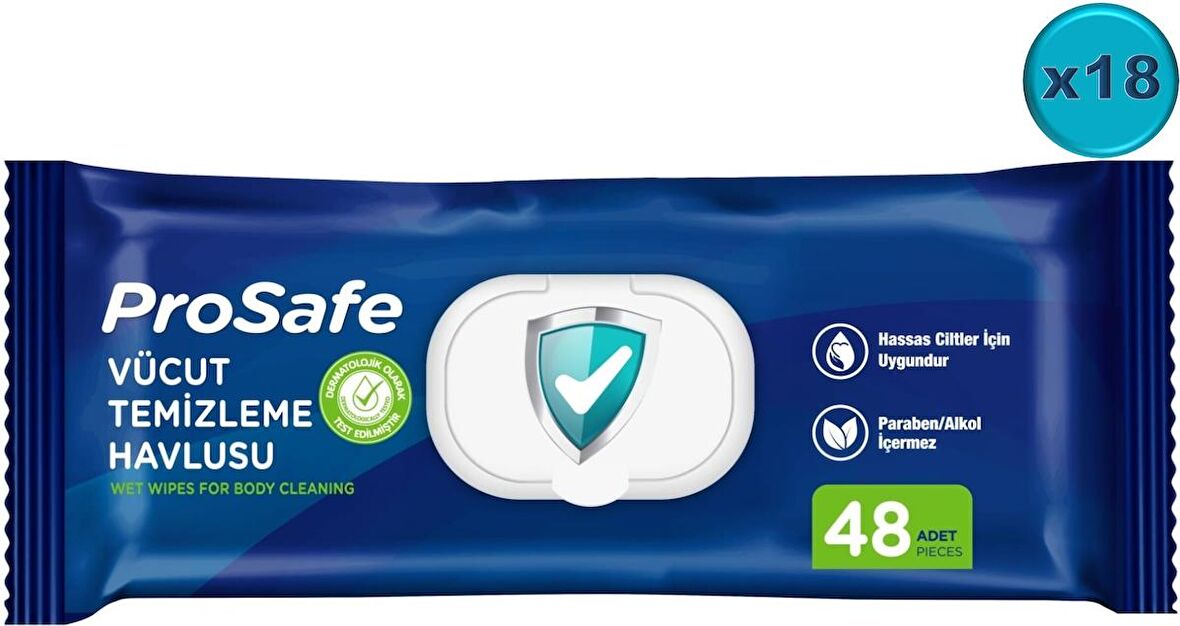 Prosafe Hasta Vücut Temizleme Islak Mendil Havlu 48 Yaprak XL (18 Li Set) Plastik Kapak