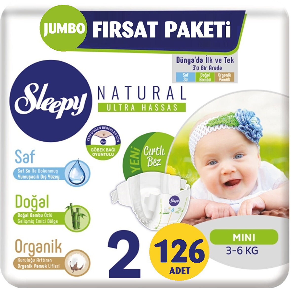 Sleepy Bebek Bezi Naturel Beden:2 (3-6Kg) Mini 126 Adet Jumbo Fırsat Pk