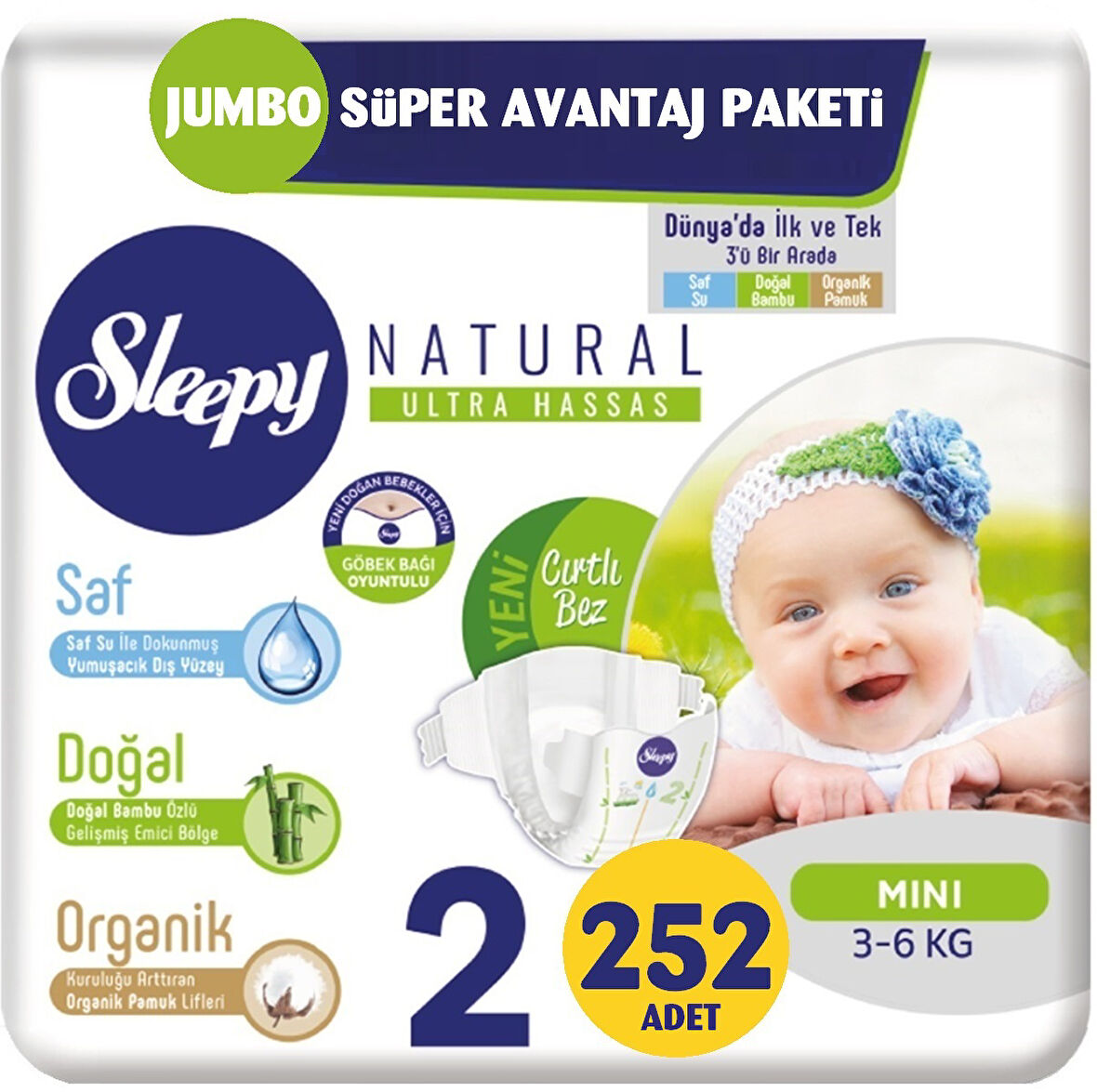 Sleepy Bebek Bezi Naturel Beden:2 (3-6Kg) Mini 252 Adet Jumbo Süper Avantaj Pk