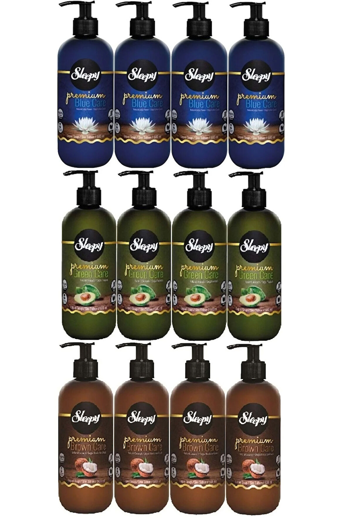 Sıvı Sabun Premium 500ML Karma Doğal Adaçayı/Hindistan Cevizi/Lotus Çiçeği (12 Li Set)