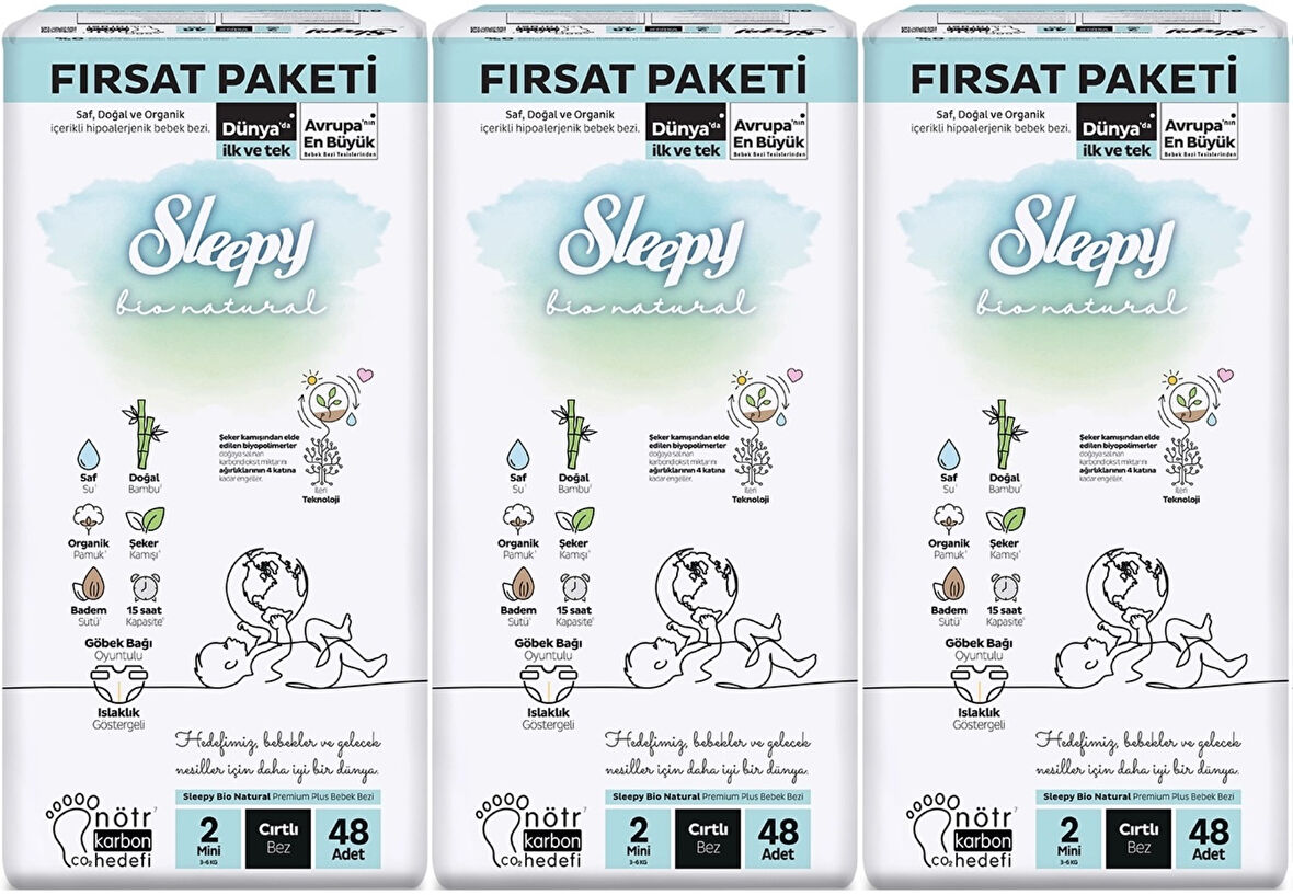 Sleepy Bebek Bezi Bio Natural Beden:2 (3-6KG) Mini 144 Adet Aylık Fırsat Pk