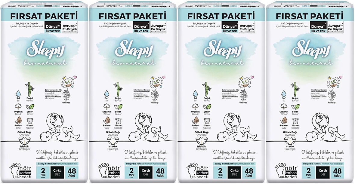 Sleepy Bebek Bezi Bio Natural Beden:2 (3-6KG) Mini 192 Adet Avantaj Fırsat Pk