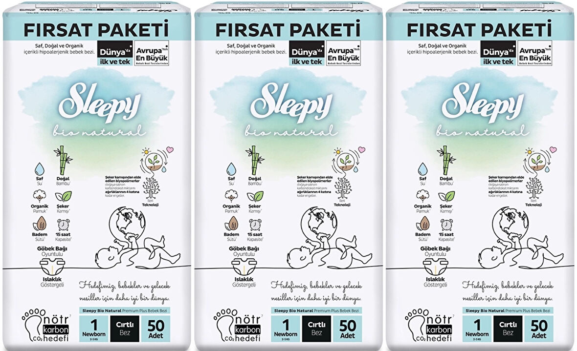Sleepy Bebek Bezi Bio Natural Beden:1 (2-5KG) Yeni Doğan Newborn 150 Adet Aylık Fırsat Pk