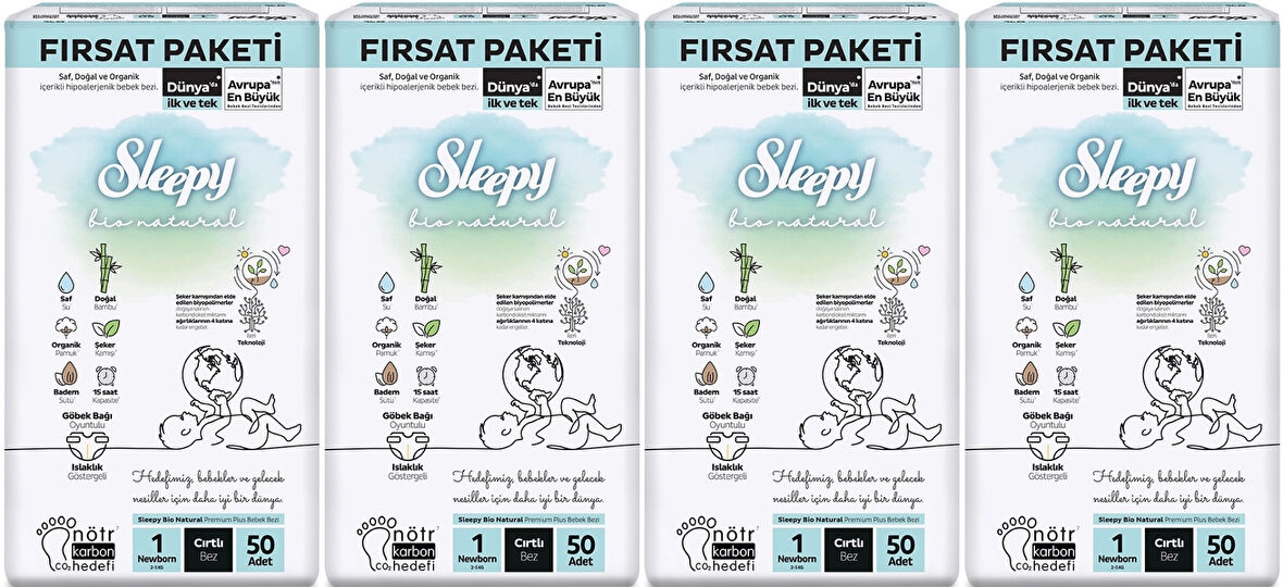 Sleepy Bebek Bezi Bio Natural Beden:1 (2-5KG) Yeni Doğan Newborn 200 Adet Avantaj Fırsat Pk
