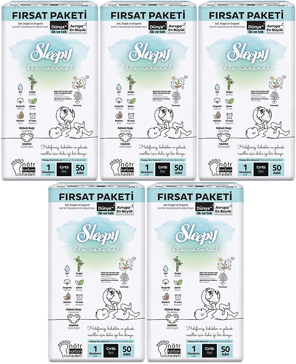 Sleepy Bebek Bezi Bio Natural Beden:1 (2-5KG) Yeni Doğan Newborn 250 Adet Mega Fırsat Pk