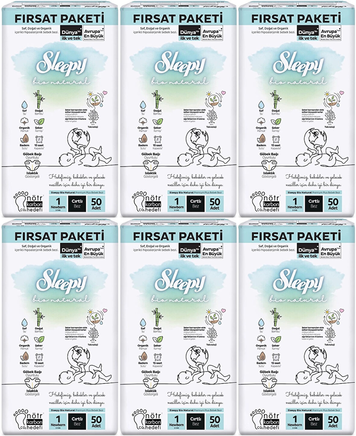 Sleepy Bebek Bezi Bio Natural Beden:1 (2-5KG) Yeni Doğan Newborn 300 Adet Ekstra Fırsat Pk