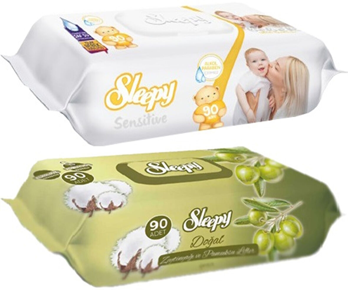Sleepy Islak Havlu Mendil 90 Yaprak Karma (2 Li Set) Sensitive & Pamuk-Zeytinyağlı 180 Yaprak