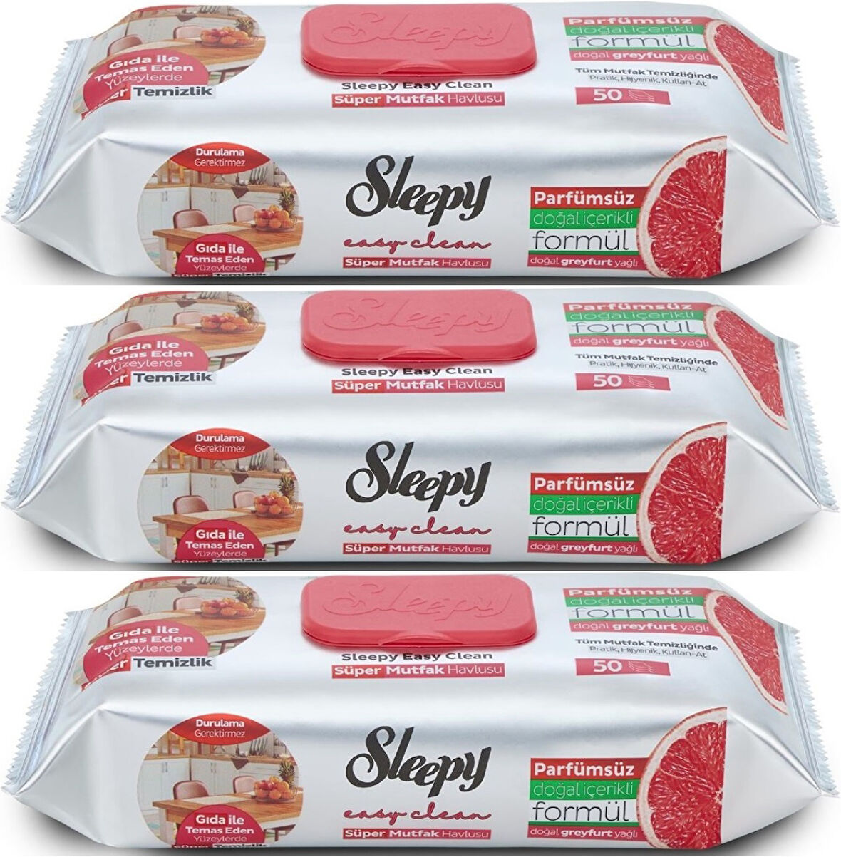 Sleepy Easy Clean Yüzey Temizlik Mutfak Havlusu-Mendili  50 Yaprak Greyfurt Yağlı (3Lü Set) 150 Yprk