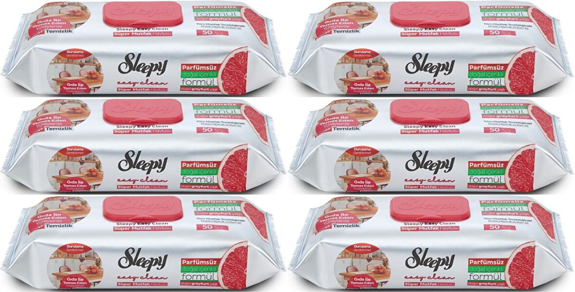 Sleepy Easy Clean Yüzey Temizlik Mutfak Havlusu-Mendili  50 Yaprak Greyfurt Yağlı (6Lı Set) 300 Yprk
