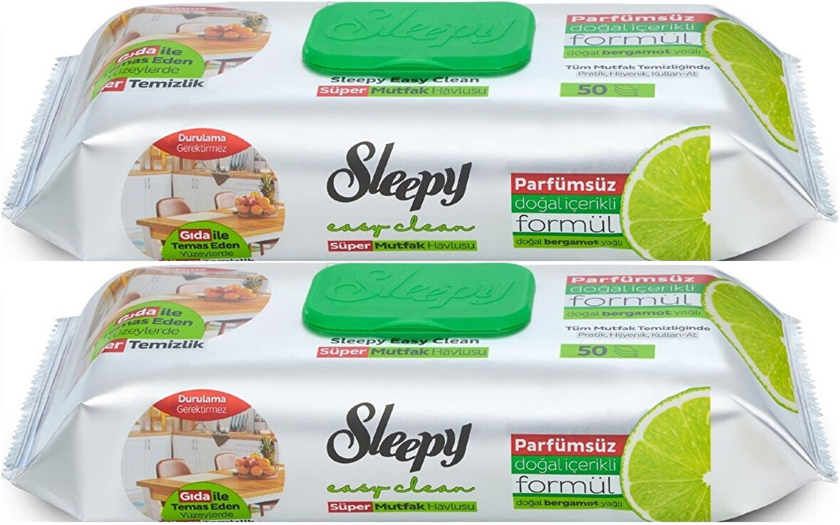 Sleepy Easy Clean Yüzey Temizlik Mutfak Havlusu -Mendili  50 Yaprak Bergomot Yağlı (2Li Set) 100Yprk