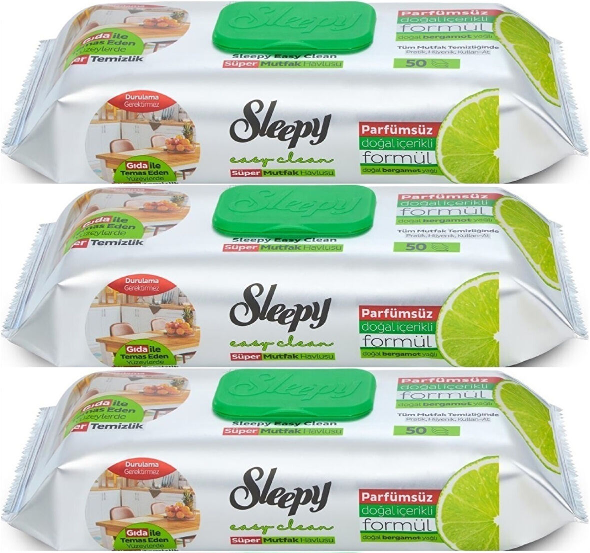 Sleepy Easy Clean Yüzey Temizlik Mutfak Havlusu -Mendili  50 Yaprak Bergomot Yağlı (3Lü Set) 150Yprk