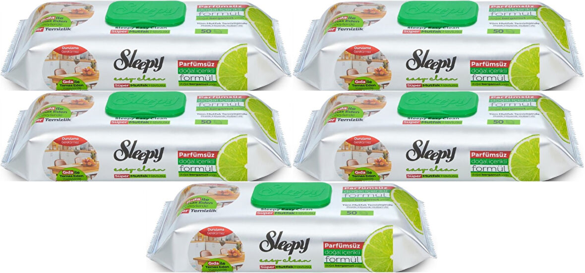 Sleepy Easy Clean Yüzey Temizlik Mutfak Havlusu -Mendili  50 Yaprak Bergomot Yağlı (5Li Set) 250Yprk