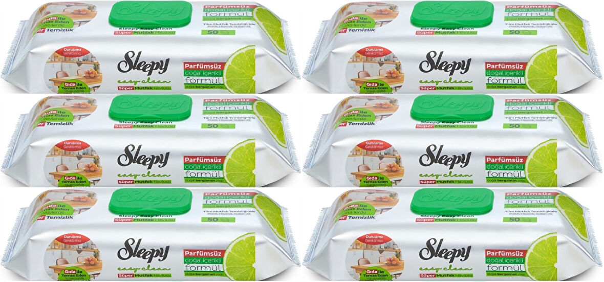Sleepy Easy Clean Yüzey Temizlik Mutfak Havlusu -Mendili  50 Yaprak Bergomot Yağlı (6Lı Set) 300Yprk