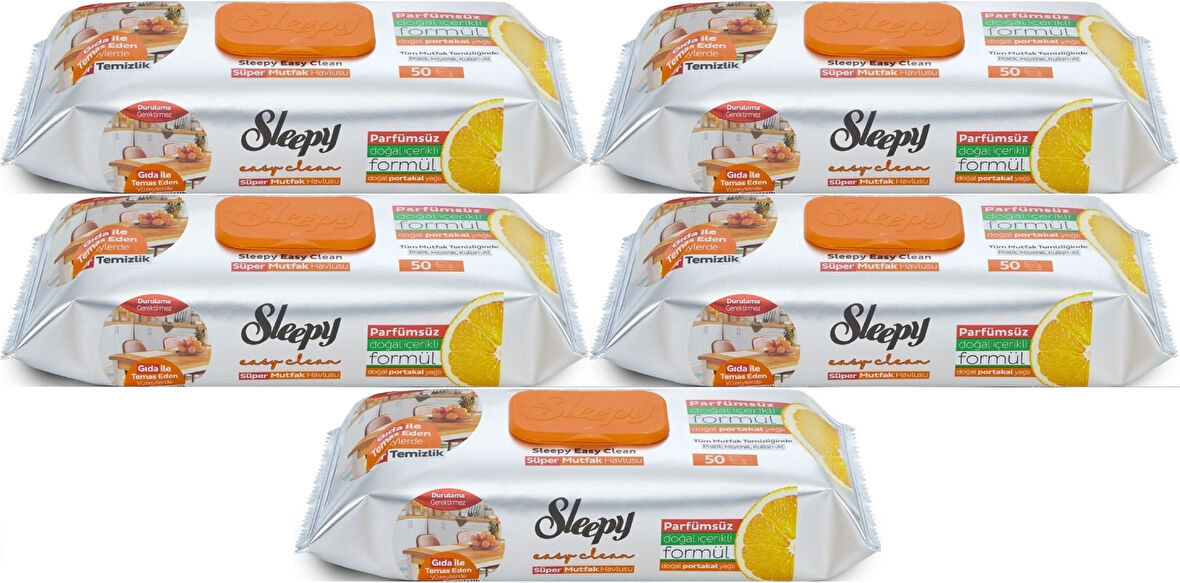 Sleepy Easy Clean Yüzey Temizlik Mutfak Havlusu -Mendili  50 Yaprak Portakal Yağlı (5Li Set) 250Yprk