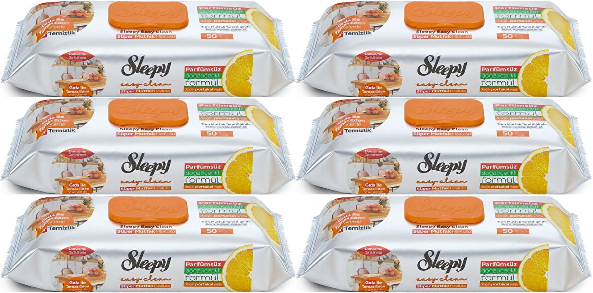Sleepy Easy Clean Yüzey Temizlik Mutfak Havlusu -Mendili  50 Yaprak Portakal Yağlı (6Lı Set) 300Yprk