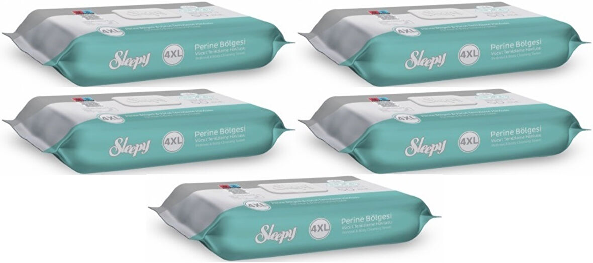 Sleepy Perine Bölgesi ve Vücut Temizleme Islak Mendil Havlu 50 Yaprak (Ebat 4XL) (5 Li Set)
