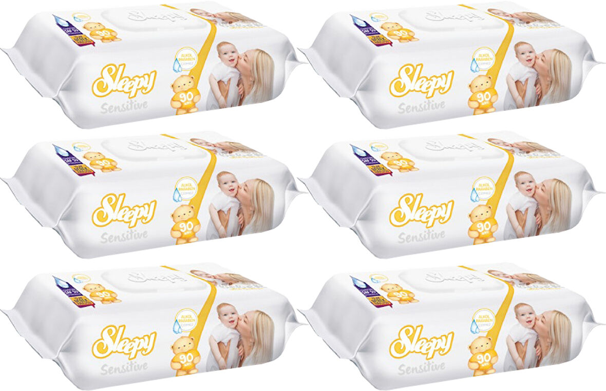 Sleepy Islak Havlu Mendil 90 Yaprak Sensitive 6 Lı Set Plastik Kapaklı