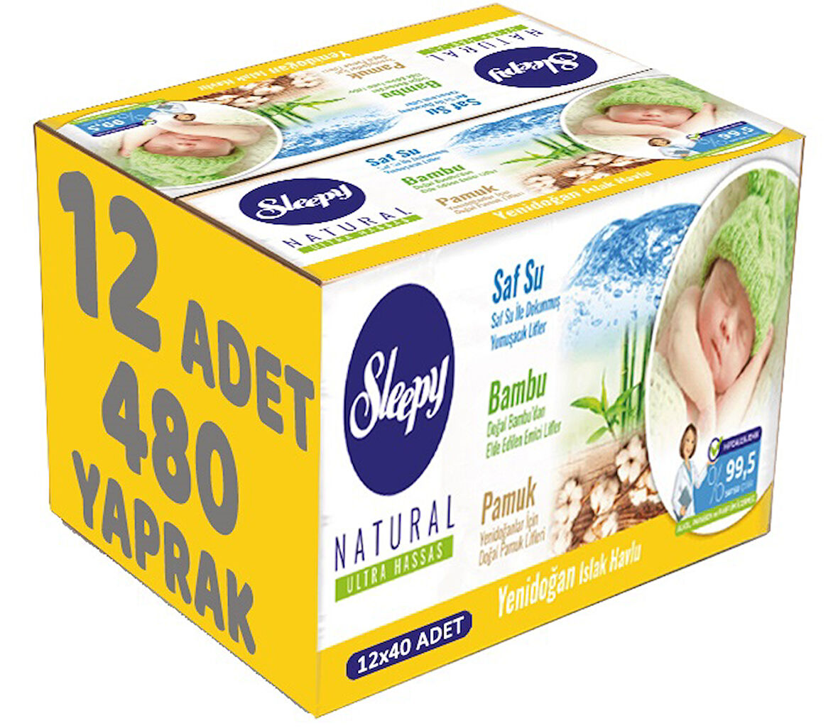 Sleepy Islak Havlu Mendil Pamuklu Yenidoğan Natural Bambu 40 Yaprak 12 Li Set (480 Yaprak)
