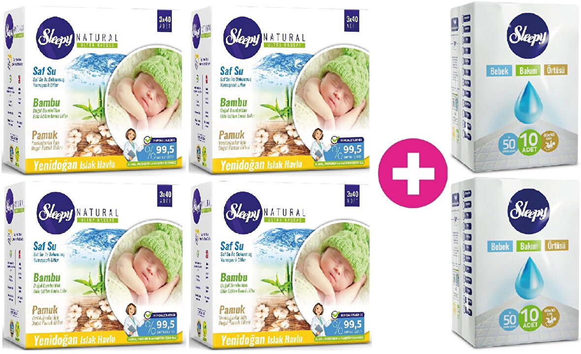 Sleepy Islak Havlu Mendil Pamuklu Yenidoğan Natural Bambu 40 Yaprak 12 Li Set+Bakım Örtüsü 2 Li Set