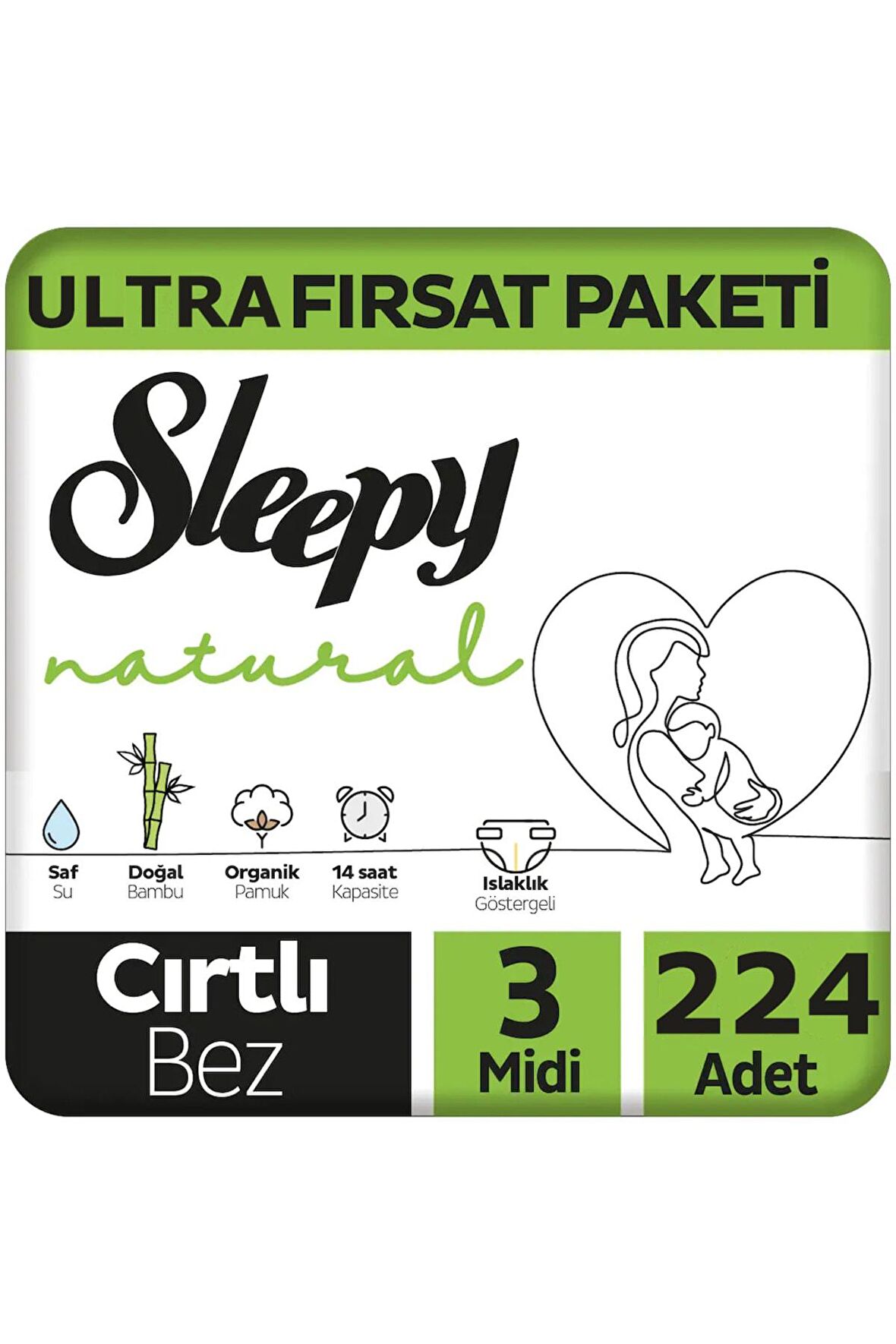 Sleepy Natural 3 Numara Midi 224'lü Cırtlı Bez