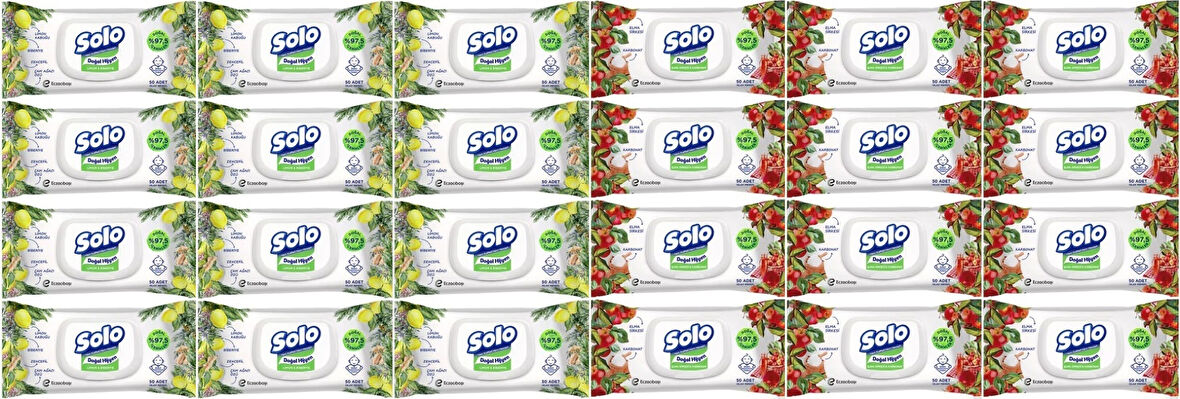 Solo Islak Havlu Mendil 50 Yaprak Limon & Biberiye-Elma Sirkesi & Karbonat (24 Lü Karma Set)