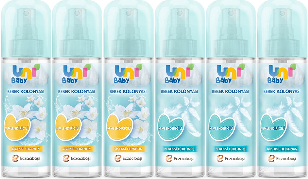 Uni Baby Bebek Kolonyası 150ML Karma Set Nemlendiricili (Bebeksi Dokunu/Çiçeksi Ferahlık) (6 Lı Set)