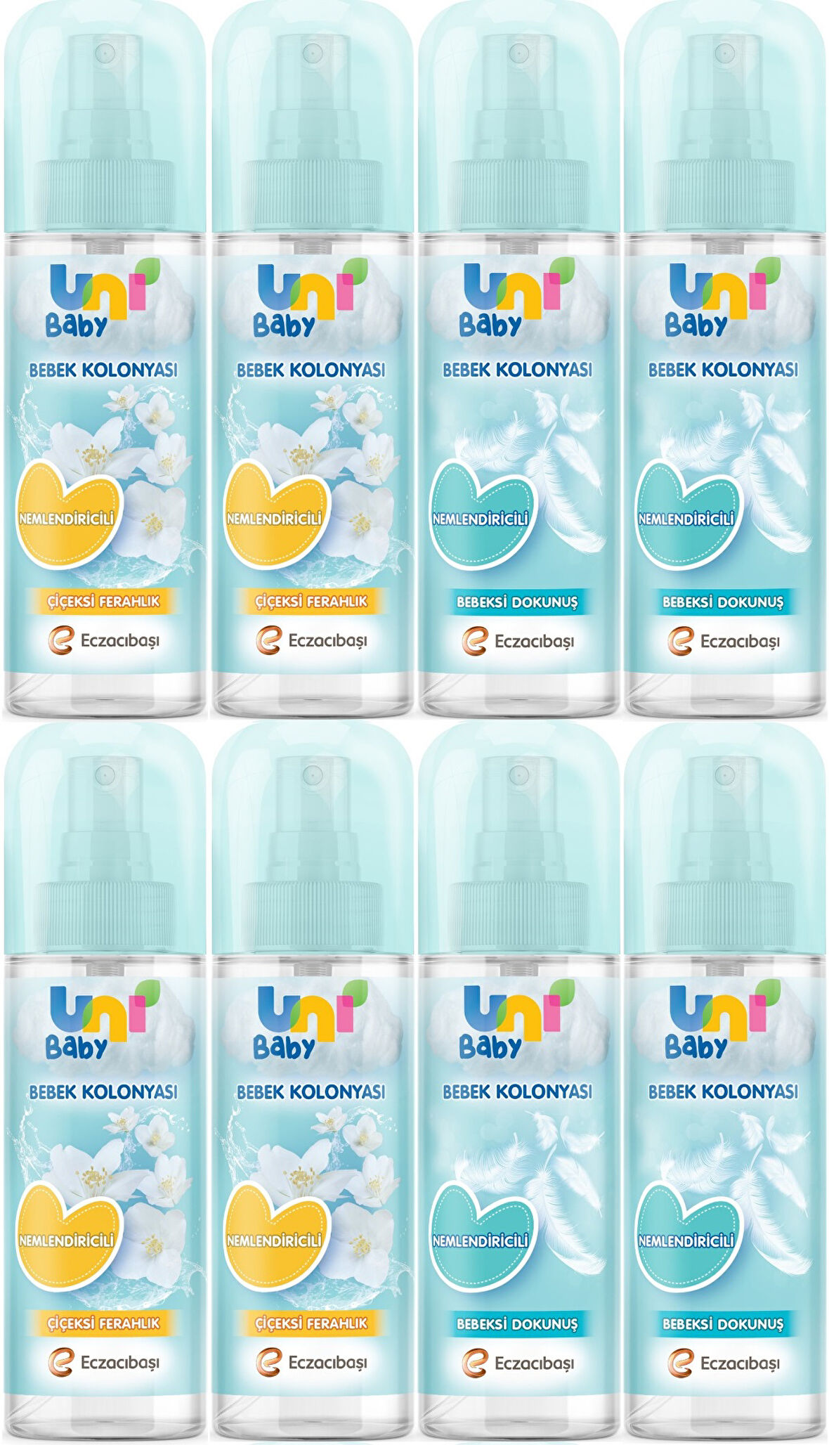 Uni Baby Bebek Kolonyası 150ML Karma Set Nemlendiricili (Bebeksi Dokunu/Çiçeksi Ferahlık) (8 Li Set)