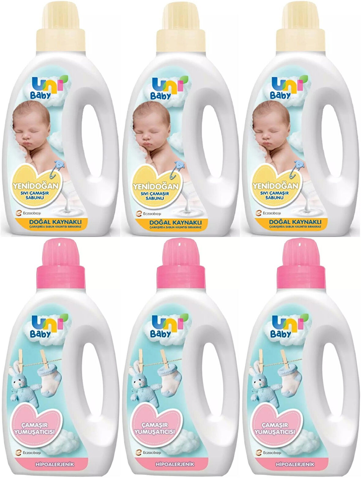 Uni Baby Yeni Doğan Çamaşır Deterjanı/Sabunu 1500ML (Sarı) + Yumuşatıcı 1500ML Hassas Ciltler İçin/Hipoalerjenik (Pembe) Karma (6 Lı Set)