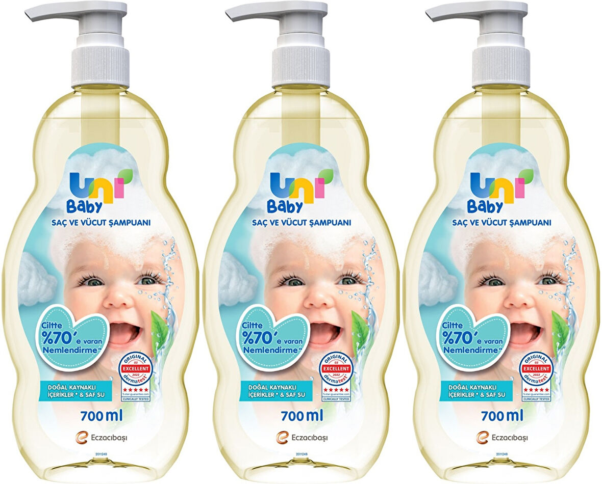 Uni Baby Bebek Saç ve Vücut Şampuanı 700ML Klasik (Pompalı) (3 Lü Set)