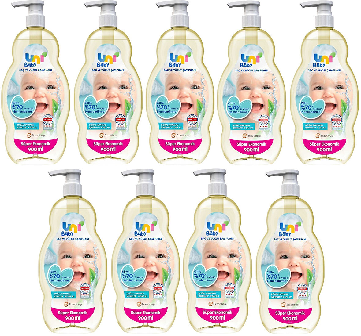 Uni Baby Bebek Saç ve Vücut Şampuanı 900ML Klasik (Pompalı) (9 Lu Set)