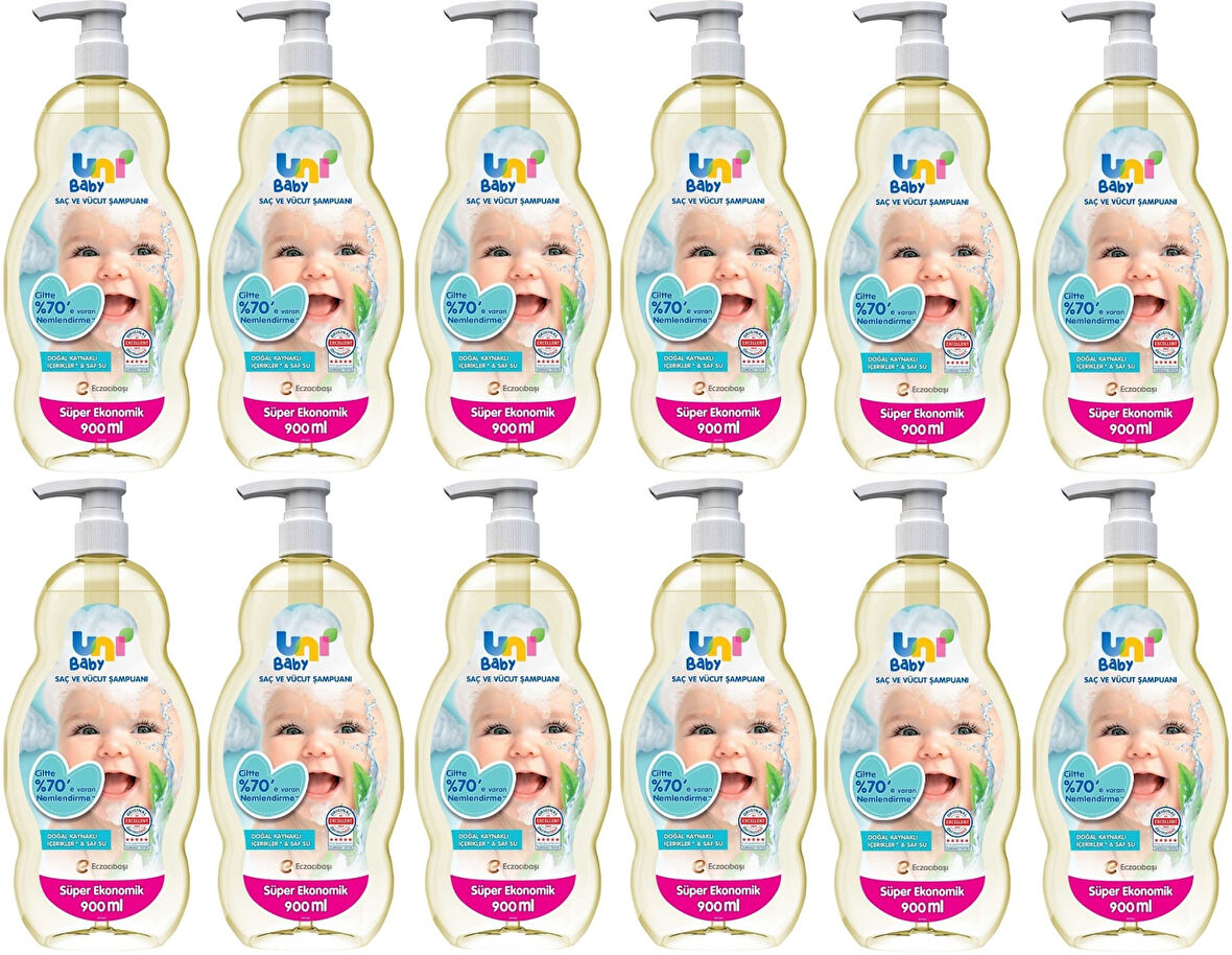Uni Baby Bebek Saç ve Vücut Şampuanı 900ML Klasik (Pompalı) (12 Li Set)