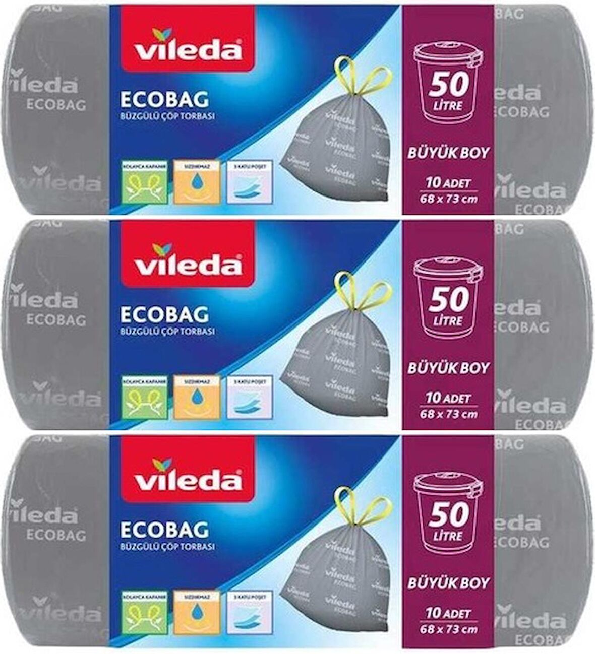 Vileda Ecobag Büzgülü Çöp Torbası 68X73CM Büyük Boy 30 Lu Set (3PK*10)