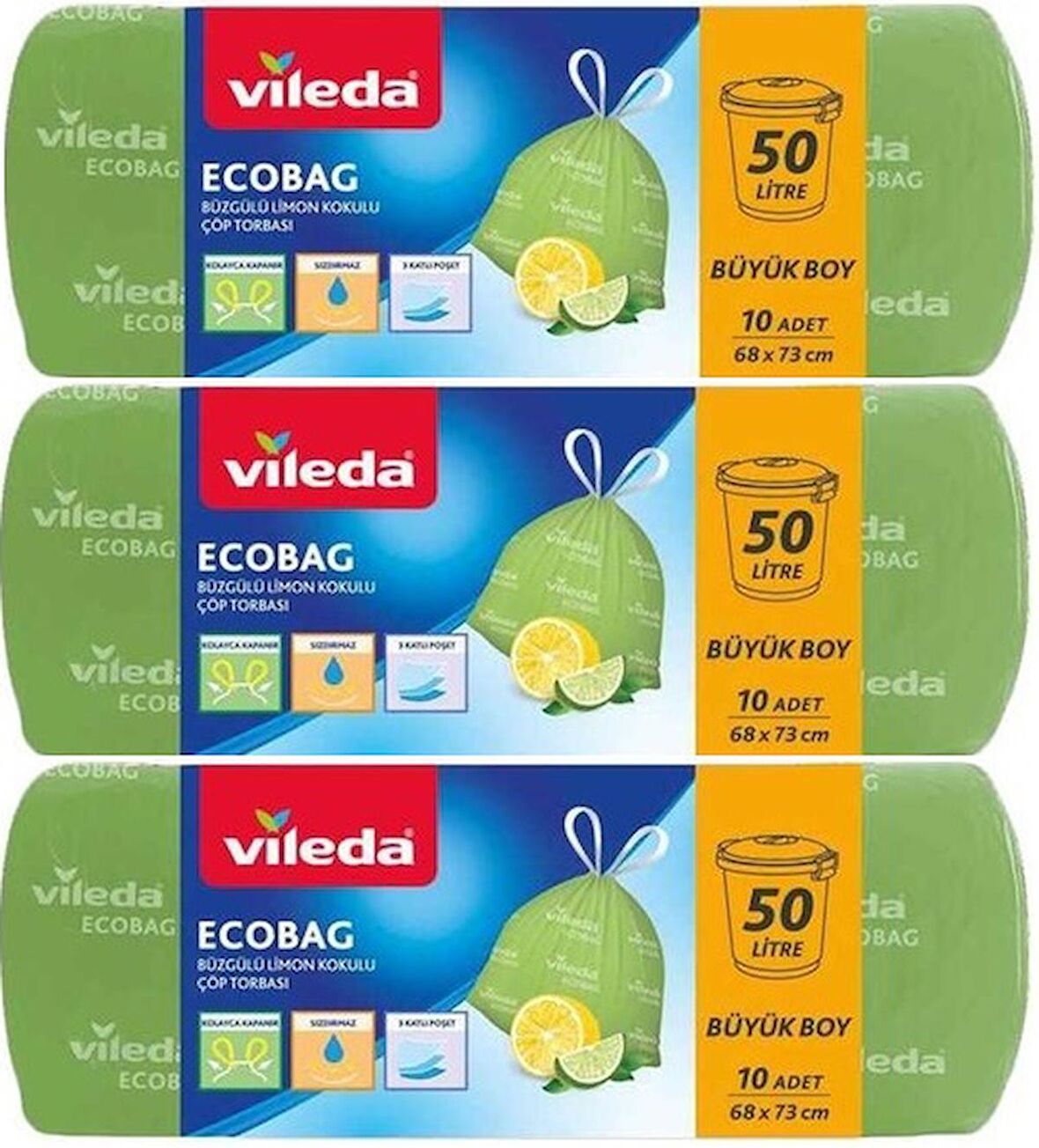 Vileda Ecobag Büzgülü Çöp Torbası Limon Kokulu 68X73CM Büyük Boy 30 Lu Set (3PK*10)