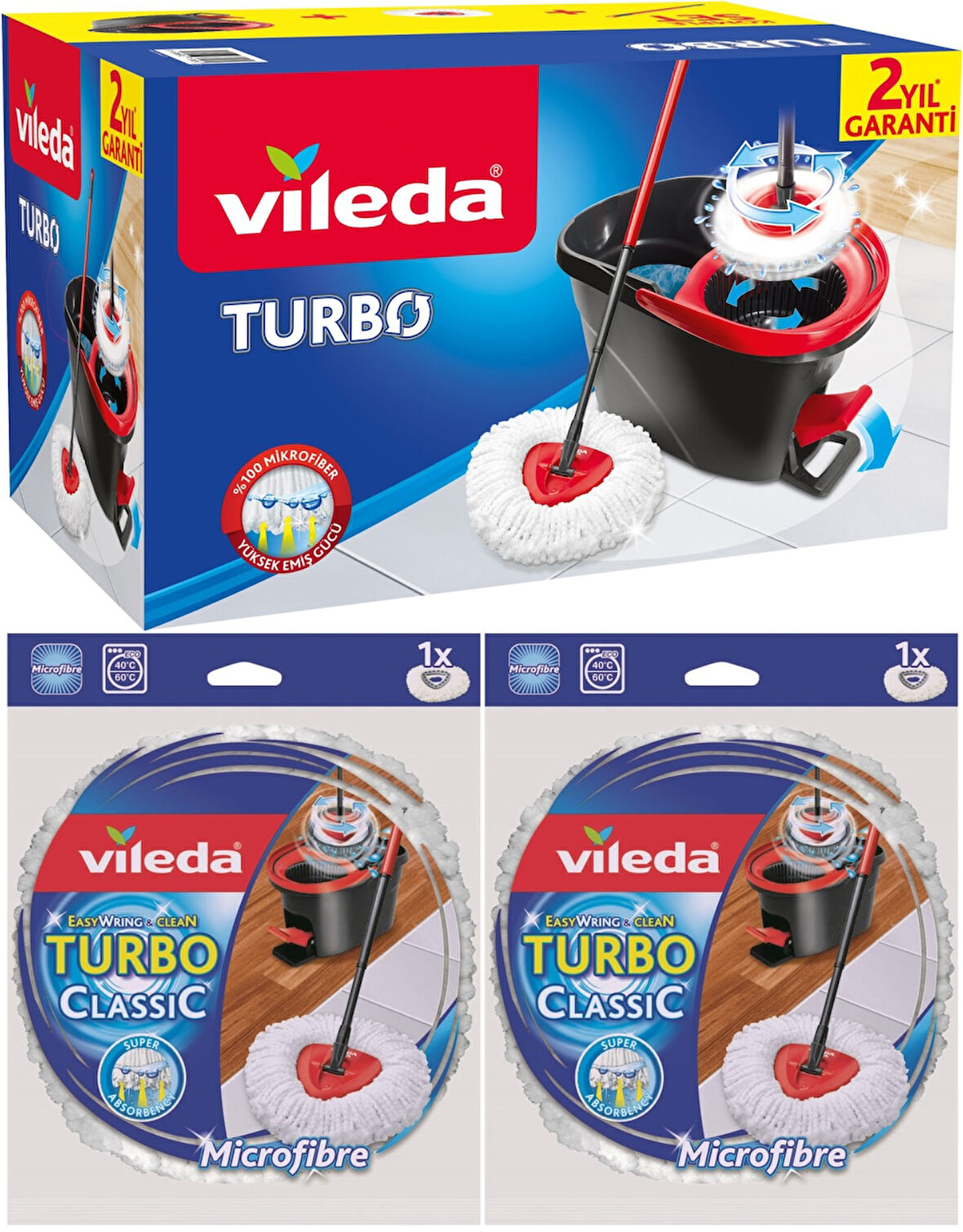 Vileda Turbo Pedallı Temizlik Seti (Komple Set)+ Turbo Yedek Mop Paspas Ucu Mikrofiber (2 Adet)