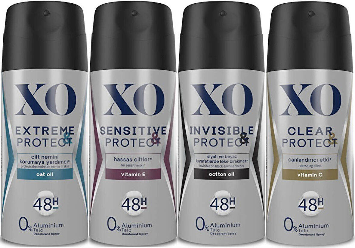 XO Deodorant 150ML Men-Erkek Extreme-Sensitive-Insivible-Clear & Protect (Karma 4 Lü Set)