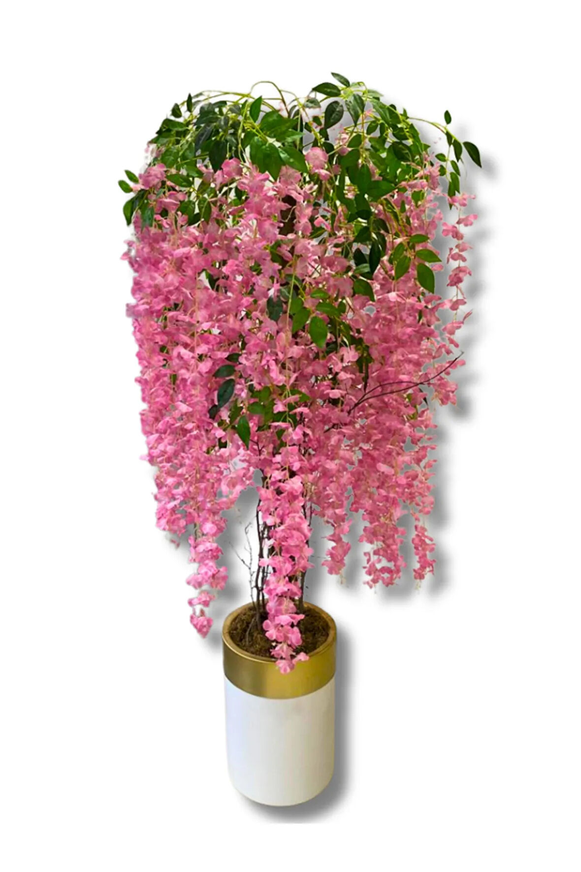 Pembe Akasya 175 Cm Yapay Ağaç 30x30 Gold Kemerli Saksı
