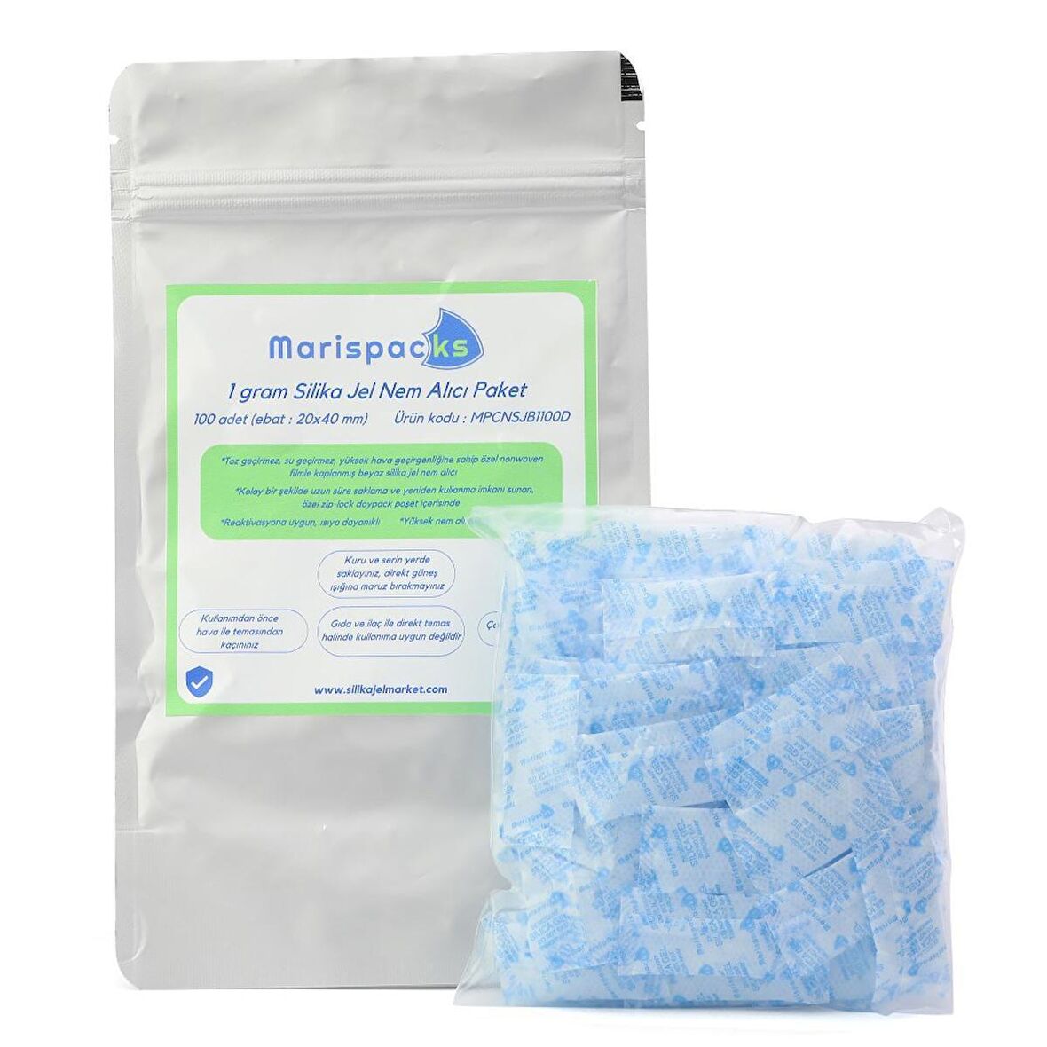 Marispacks 1 g x 100 adet silikajel nem alıcı paket (aihua paper, aluminyum doypack ambalajda)