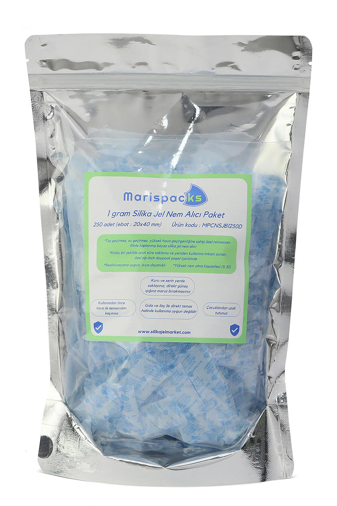 Marispacks 1 g x 250 adet silikajel nem alıcı paket (aihua paper, metalize doypack ambalajda)