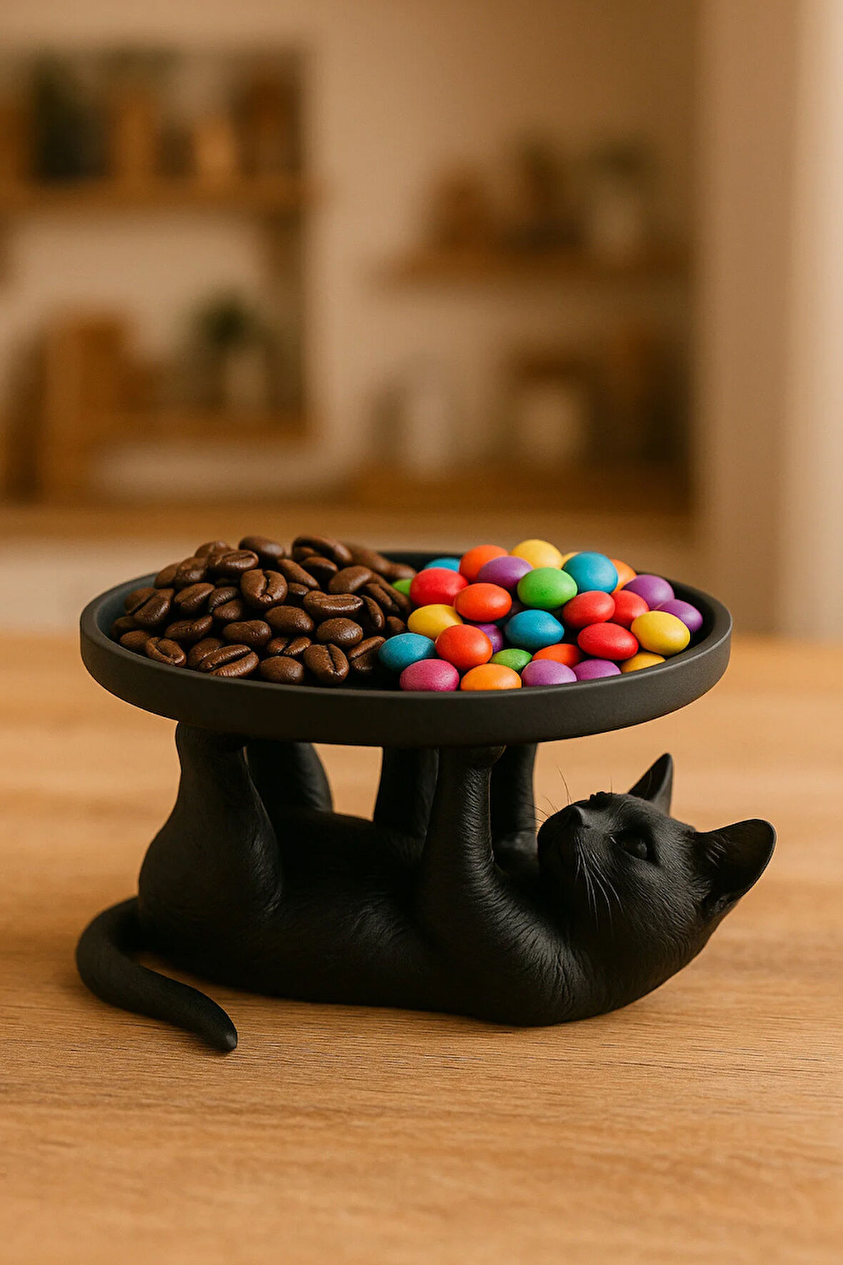 Siyah Kedi Figürlü Sunumluk Banyo Sabunluk, Kahvaltı Tabağı, Takı Organizeri, Mumluk 14 x 14 cm