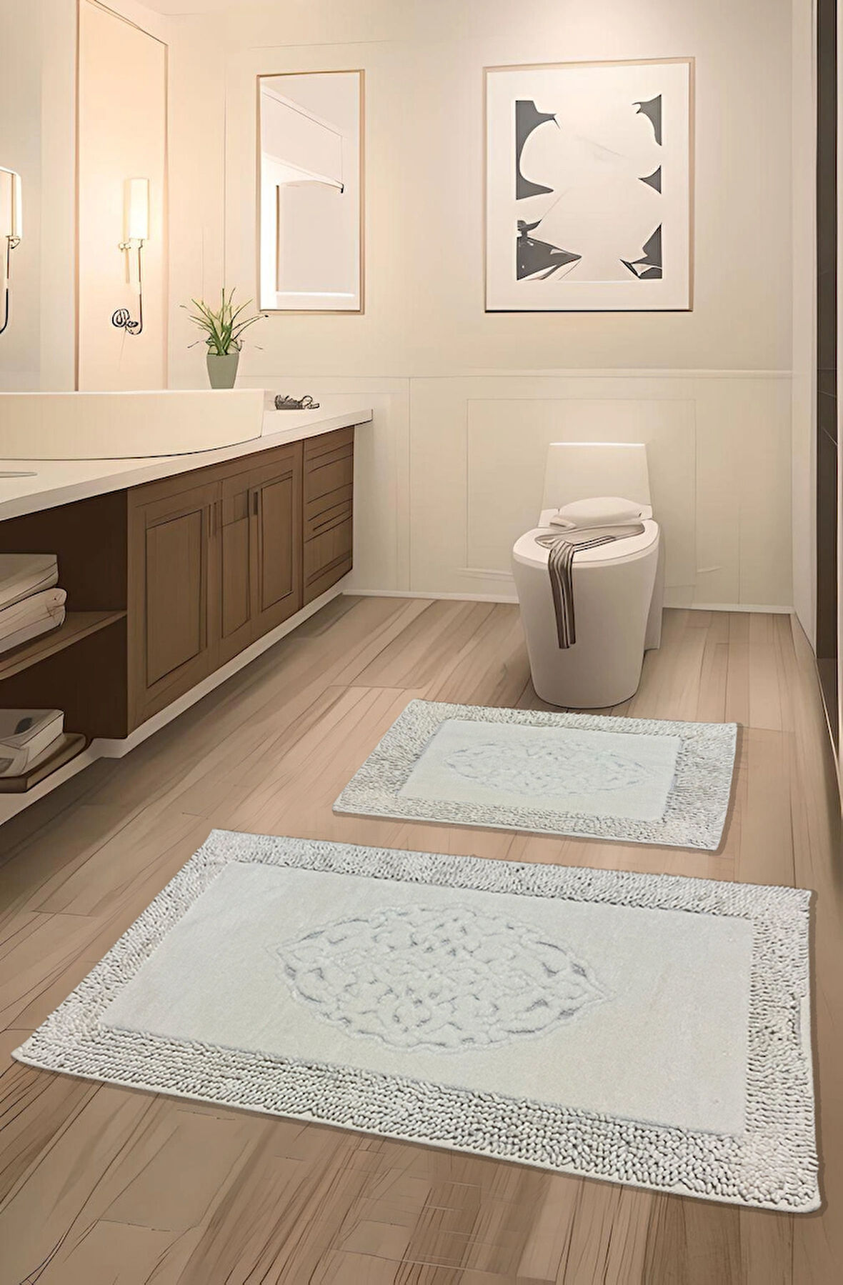 PamukKent Kaymaz Taban, Süper Emici 2'li Pamuk Ultra Lüks Banyo Paspası Seti Beyaz