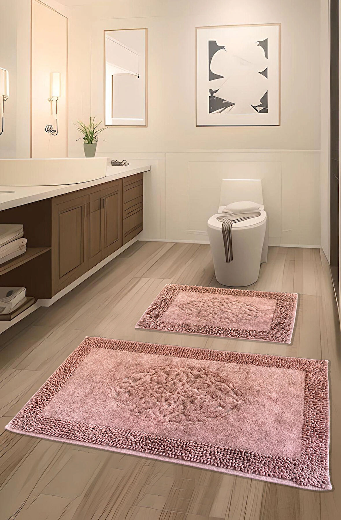 PamukKent Kaymaz Taban, Süper Emici 2'li Pamuk Ultra Lüks Banyo Paspası Seti Pembe