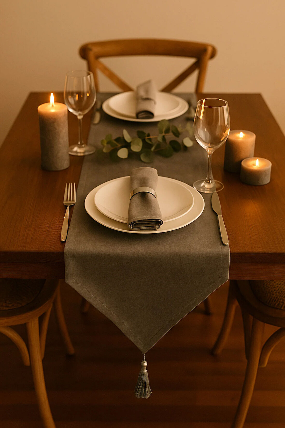 Lüks Keten Gri Runner Masa Örtüsü Rustik Şık Püsküllü Dekoratif Masa Örtüsü 35x150 cm