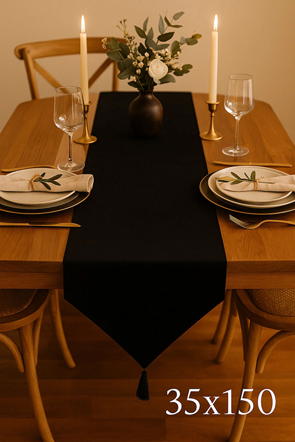 Lüks Keten Siyah Runner Masa Örtüsü Rustik Şık Püsküllü Dekoratif Masa Örtüsü 35x150 cm