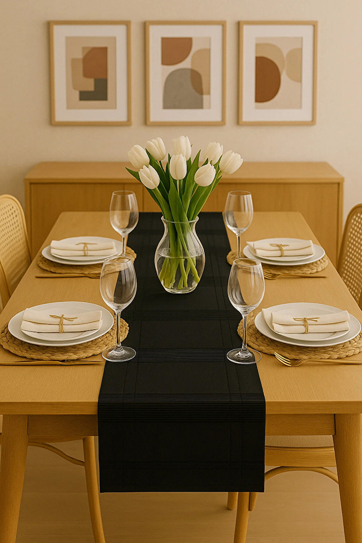 Jasmin Keten Siyah Bohem Şık Masa Örtüsü  Runner 35x150 cm