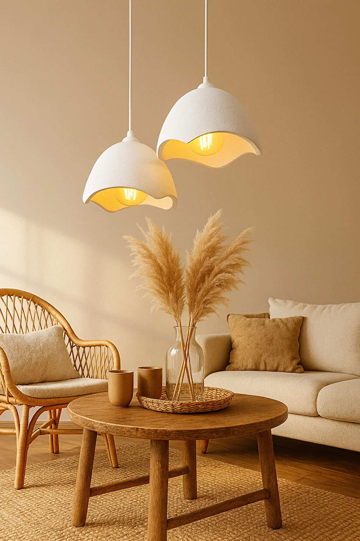 İkili Beton Görünümlü Şapka Avize Sarkıt Loft Stil Modern, Vegan, Çevre Dostu, Salon Mutfak