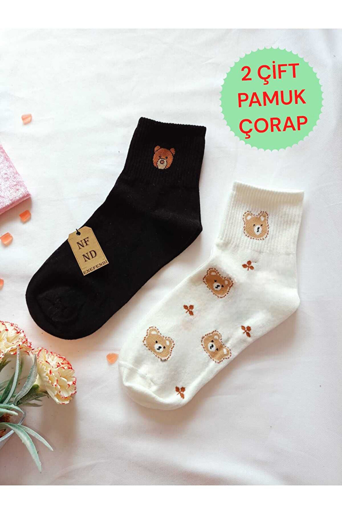 2 ÇİFT PAMUKLU KOKULU TEDDY KADIN ÇORAP YUMUŞAK DİKİŞSİZ AYICIK DESEN EKRU VE SİYAH ARA KONÇ 36 40