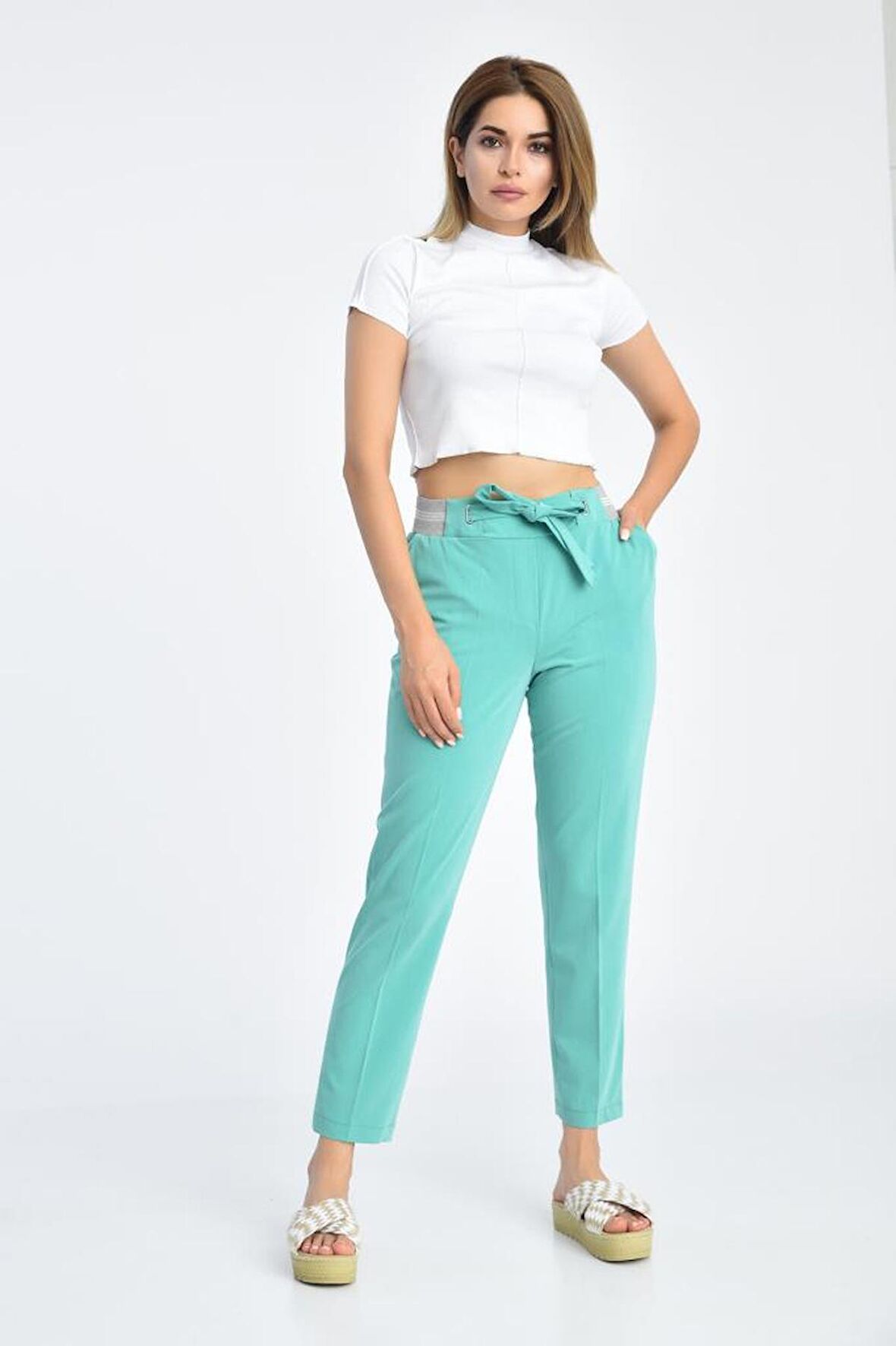 Bağcıklı Belden Lastikli Turkuaz Kadın Pantolon