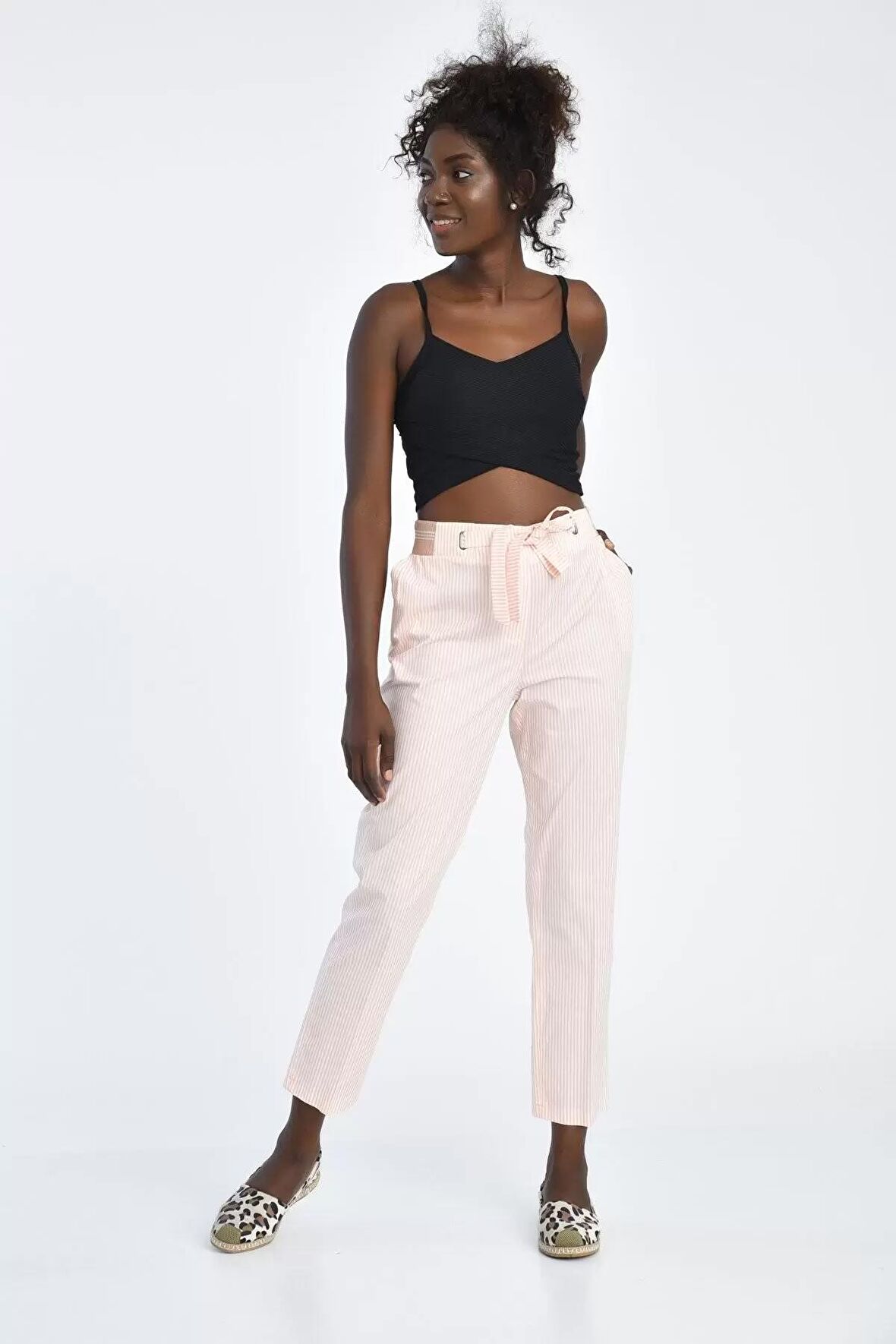 Bağcıklı Belden Lastikli Çizgili Pudra Kadın Pantolon